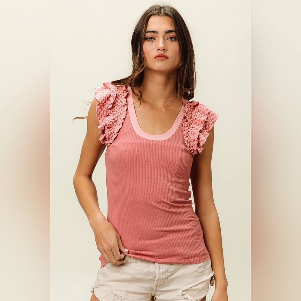 BiBi Rib Knit With Textured Ruffled Top